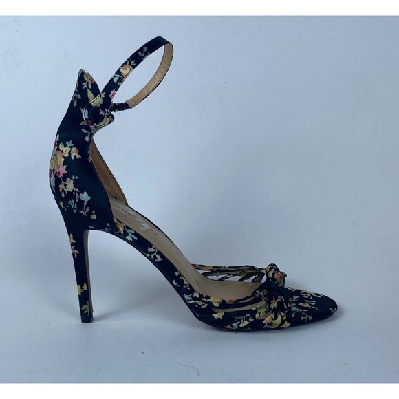 Who What Wear Stiletto Heels Womens Sz 8 Black Satin Floral Open Toe Ankle Strap - Picture 1 of 10